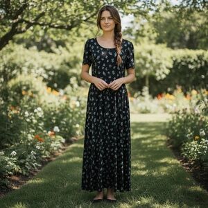 NWT LuLaRoe Riley Maxi Dress Black with White Floral Pattern Sz Large